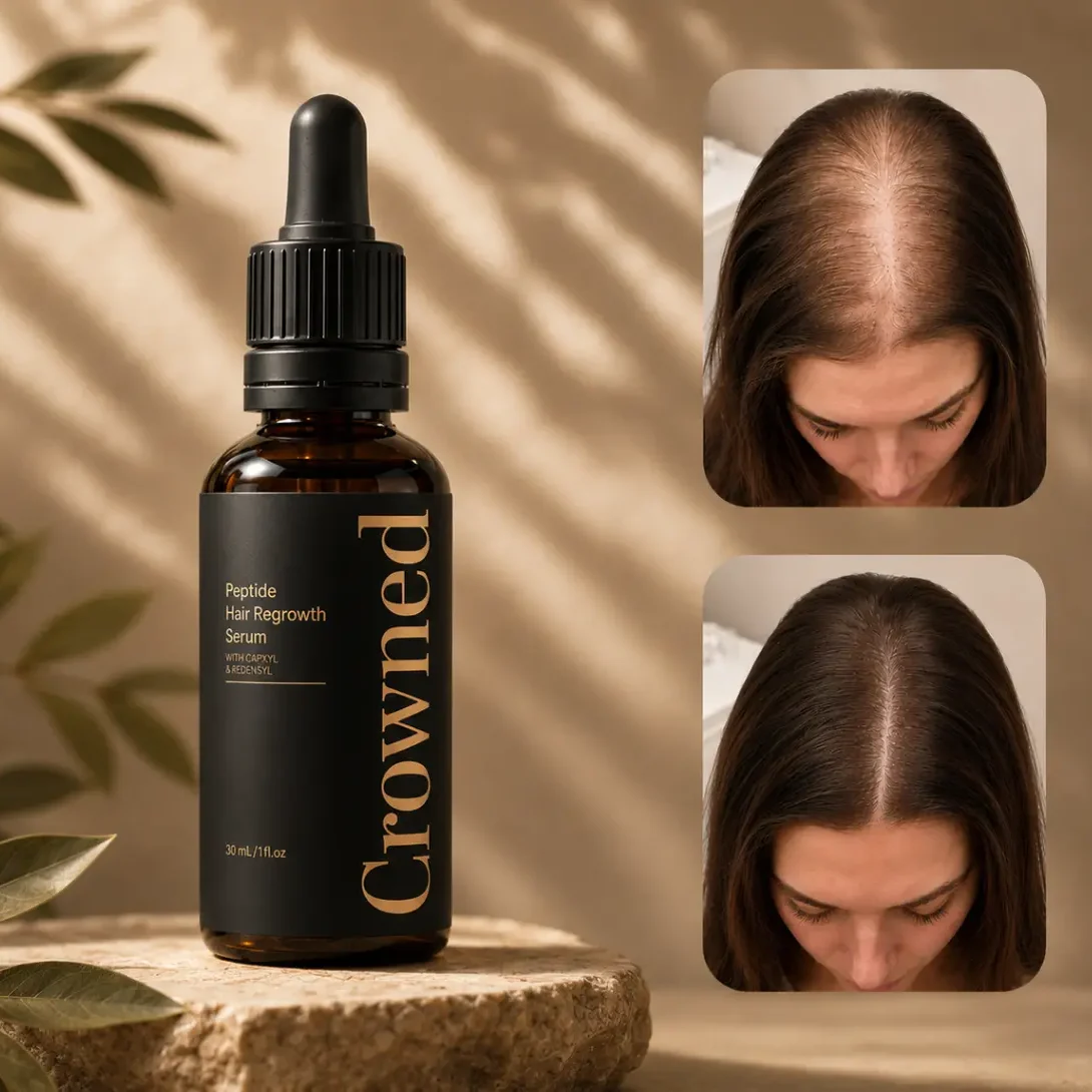 Crowned GHK-Cu leave-in hair serum dropper bottle reviewed by Crowned Health